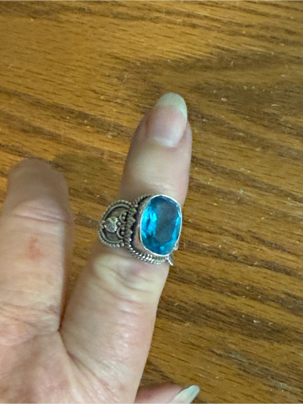 Sterling Silver 925 Blue Topaz Ring Size 7.25 Boho Dainty Scrolls Beading